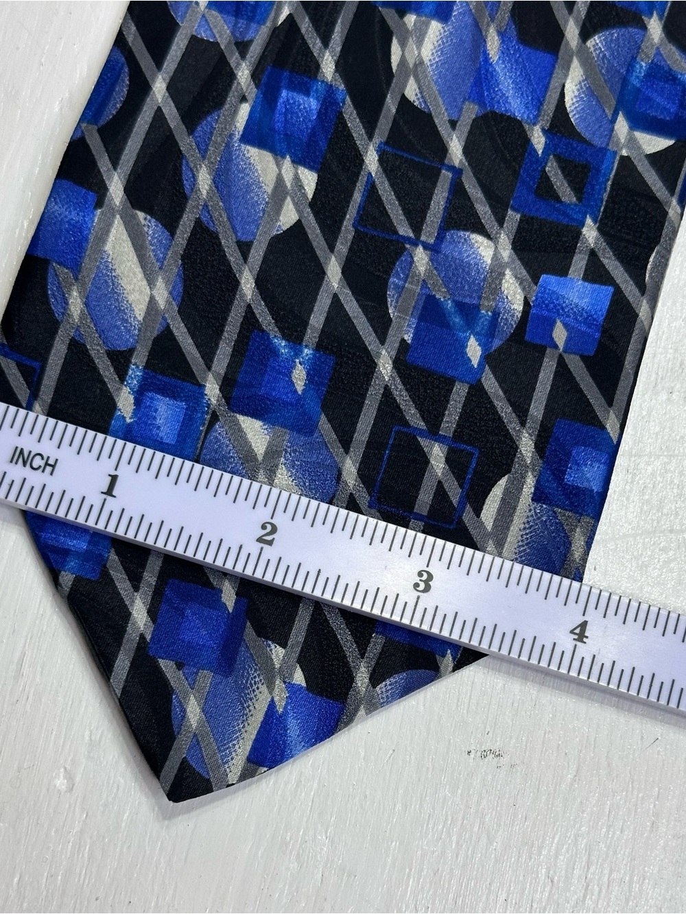 100% Silk Pavone Made In Italy Blue Black Silver Geometric Wide Necktie - Picture 7 of 8